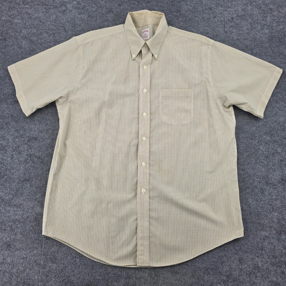 Brooks Brothers 346 Mens Large Short Sleeve Button Down Shirt Yellow Blue Check